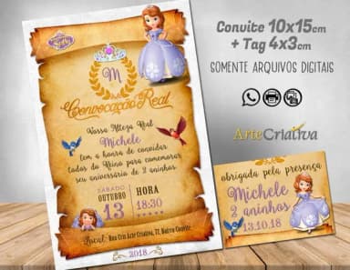 CONVITE DIGITAL C/TAG Pergaminho Princesinha Sofia