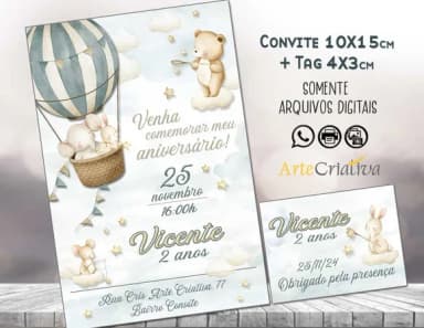 Convite Digital C/tag Animais no Balão Menino