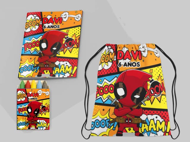 Kit Mochila e Revista de colorir para lembrancinhas do DeadPool