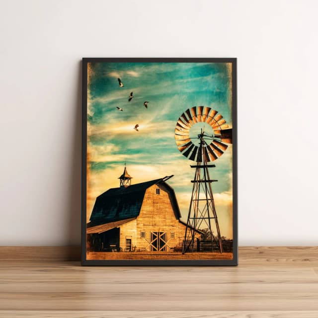 Quadro Celeiro Vintage com Céu Azul e Moinho 2575