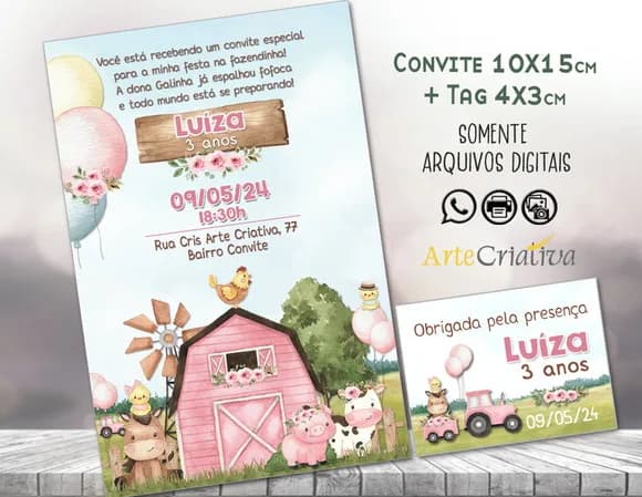 Convite Digital C/tag Fazenda Menina Aquarela