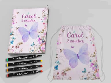 Kit Mochila e Revista de colorir para lembrancinhas Jardim das Borboletas