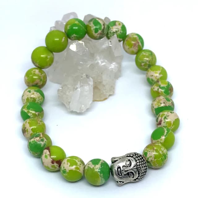 Pulseira em Pedras Jaspe Imperial Verde com entremeio Buda prateado