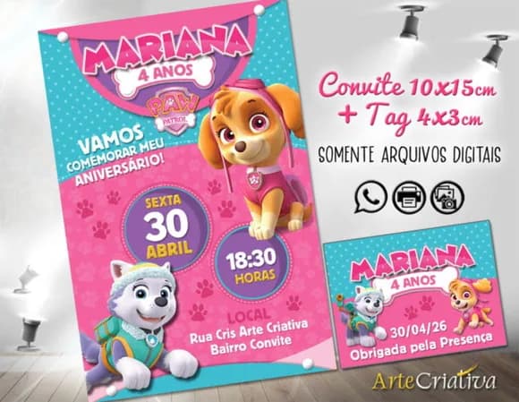 Convite Digital C/tag Patrulha Canina Skye 2