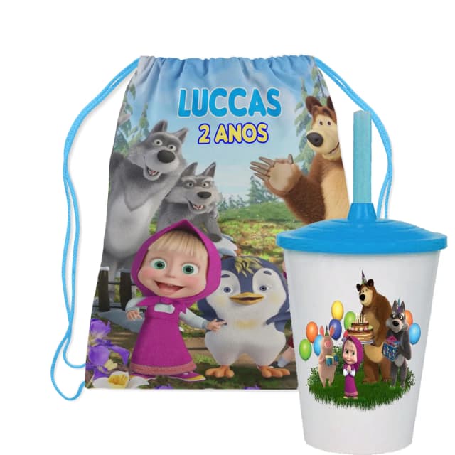 Kit Mochila e Copo Twister personalizado da Marsha e o Urso