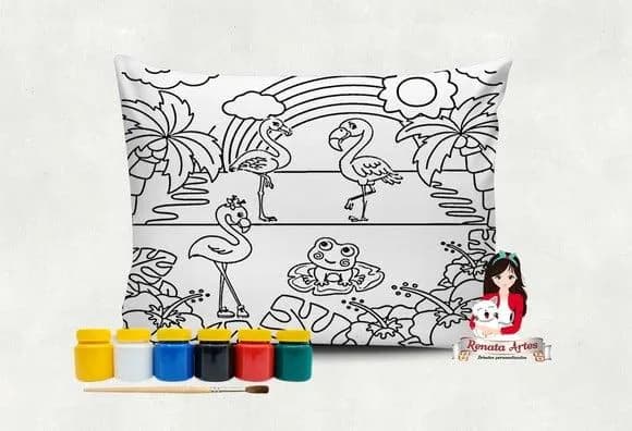 Almofada com Tinta para Colorir Flamingos