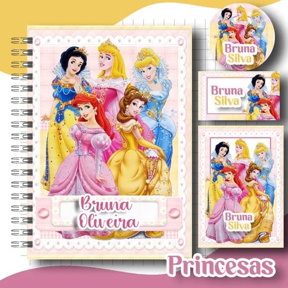 Caderno + Etiquetas + Tag Personalizada + Lápis (princesas )