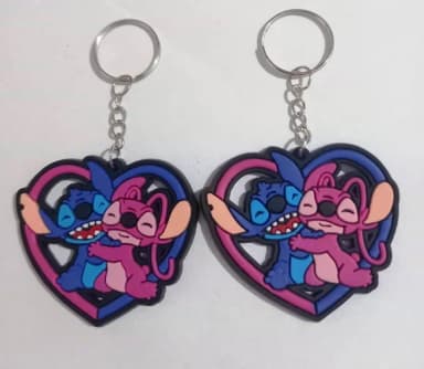Chaveiro Stitch e Angel Coração Emborrachado - 5 Peças