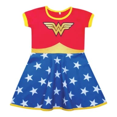 Vestido Infantil Fantasia Heroína Estrelada Vermelho e Azul com Asas Douradas