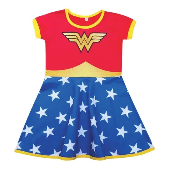 Vestido Infantil Fantasia Heroína Estrelada Vermelho e Azul com Asas Douradas