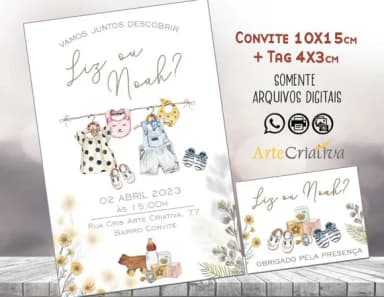 Convite Digital C/tag Chá de Bebê Revelação Boho