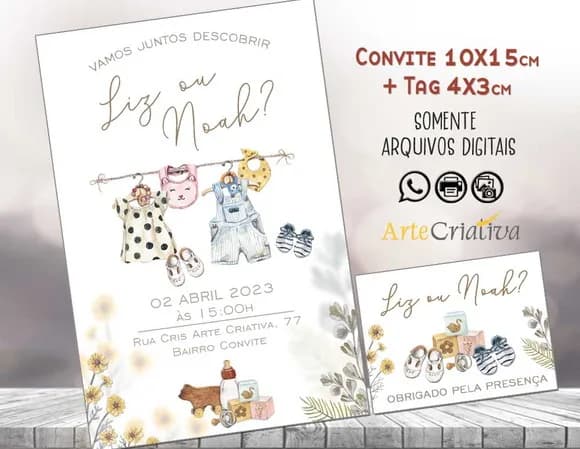 Convite Digital C/tag Chá de Bebê Revelação Boho