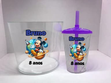 Kit Balde de Pipoca acrilico + Copo twister Personalizado Mickey Astronauta