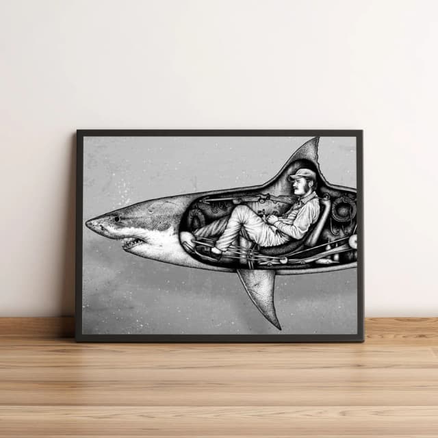 Quadro com tubarão mecânico e piloto ilustrado 2556