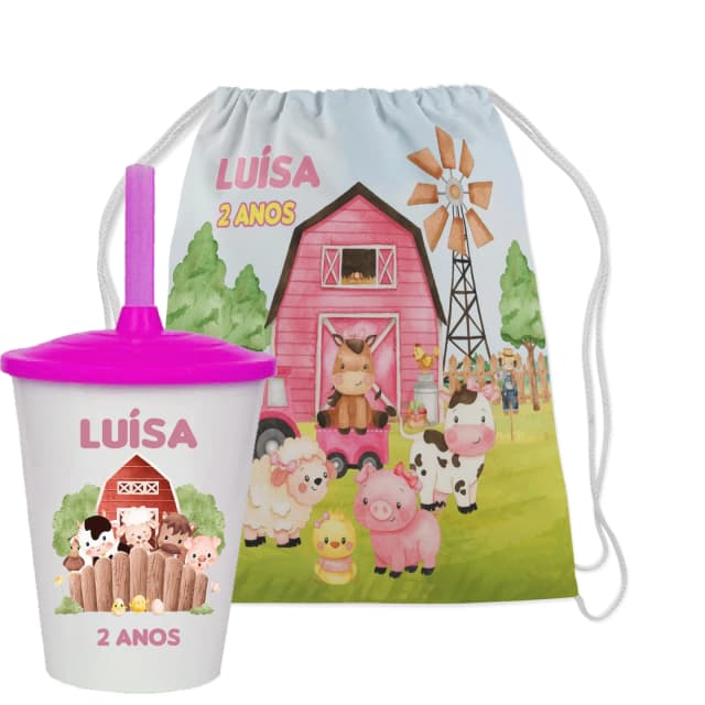 Kit Mochila e Copo Twister personalizado Fazendinha