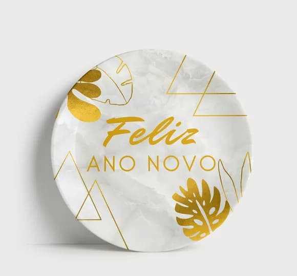 Prato Decorativo Feliz Ano Novo: Mármore e Dourado