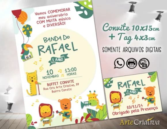 Convite Digital C/tag Aniversário Animais Música 6