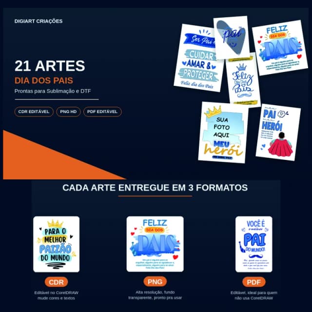 21 Artes Dia dos Pais — Sublimação e DTF (Editáveis em Corel, PNG e PDF)