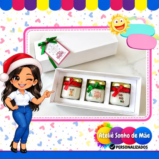 Kit Presente de Natal com 3 Potinhos Decorados e Caixa para Presente