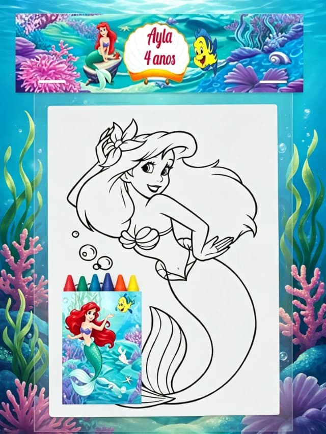 Kit Colorir com Giz de cera personalizado da Sereia Ariel