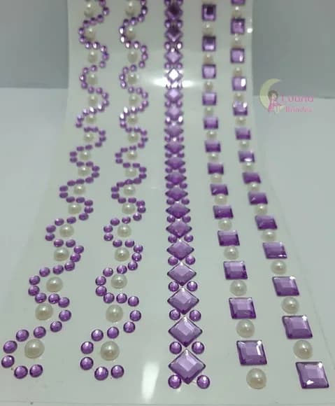 Cartela Adesiva c/ Strass e Meia Pérola Roxo e Branco- 2 uni