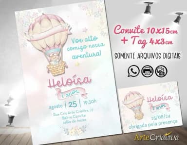 Convite Digital C/tag Ursinho Balão Tempo Voa
