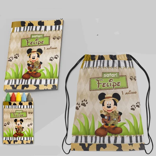 Kit Lembrancinhas Mochila e Revista de colorir do Mickey Safari