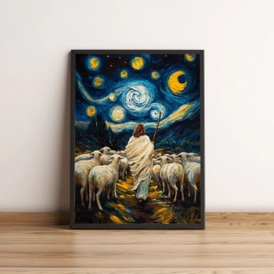 Quadro com Jesus e ovelhas sob céu estrelado 2600