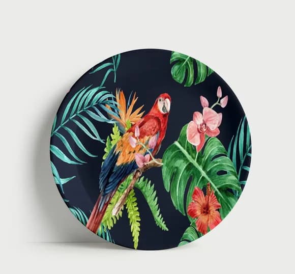Prato Decorativo Arara Vermelha e Costela de Adão