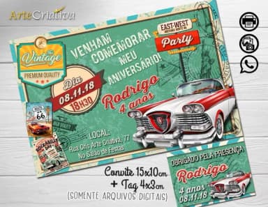 CONVITE DIGITAL C/TAG Carro Vintage Infantil 2b