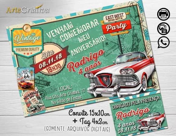 CONVITE DIGITAL C/TAG Carro Vintage Infantil 2b