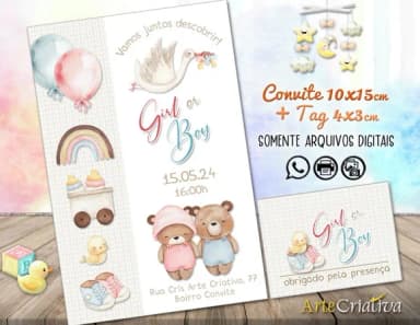 Convite Digital C/tag Chá de Bebê Revelação Ursinho 3