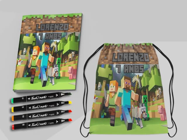 Kit Mochila e Revista de colorir com Canetinhas Minecraft