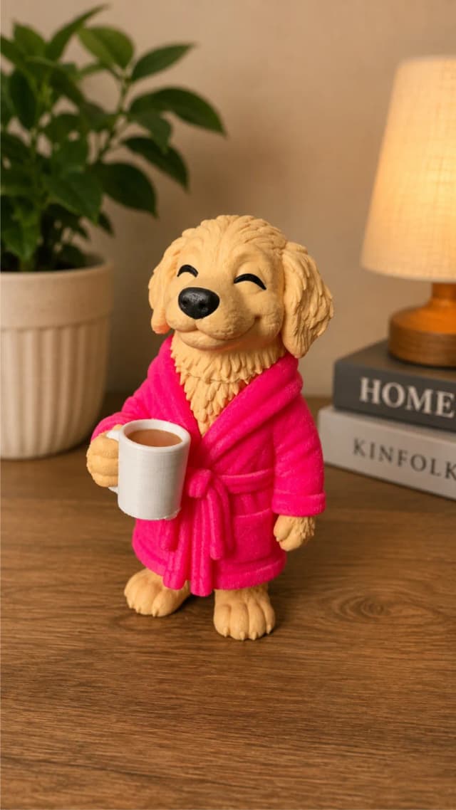 Cachorro Golden Tomando Café Decorativo em Impressão 3D
