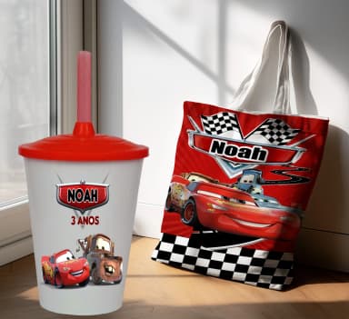 Kit Sacola Ecobag+ copo twister personalizado para lembrancinhas Carros Disney