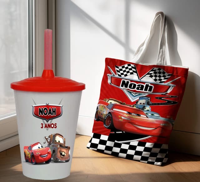 Kit Sacola Ecobag+ copo twister personalizado para lembrancinhas Carros Disney