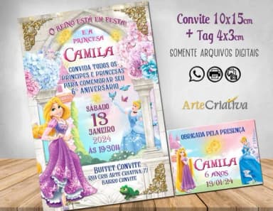 Convite Digital C/tag Princesas Disney Rapunzel e Cinderela