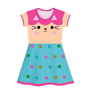 Vestido Infantil Feminino Estampa Gatinho Colorido com Poás