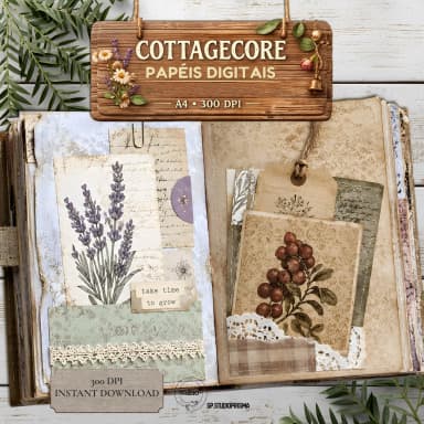 Papéis Digitais Cottagecore – Kit com 12 Papéis A4 para Junk Journal e Scrapbook
