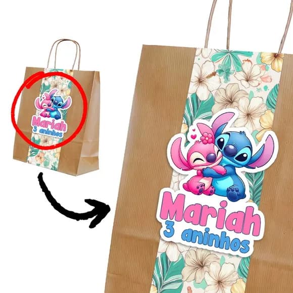Sacola Kraft Lembrancinha Stitch e Angel Floral com Faixa 3d