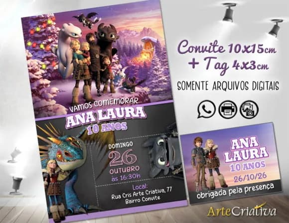 Convite Digital C/tag Como Treinar Seu Dragão Menina
