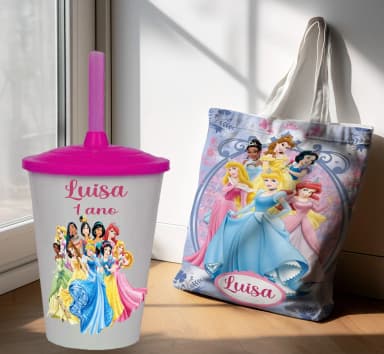 Kit Sacola Ecobag+ copo twister personalizado para lembrancinhas das Princesas