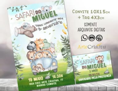 Convite Digital C/tag Animais Safari Baby Aquarela