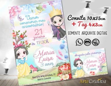 Convite Digital C/tag Branca de Neve Aquarela