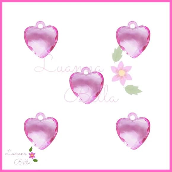 Pingente de acrílico Coração Facetado Rosa - Pct 12 unidades