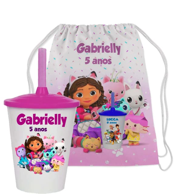 Kit Mochila e Copo Twister personalizado da Casa Magica da Gabby