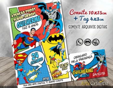 CONVITE DIGITAL C/TAG Super Homem e Batman Gibi