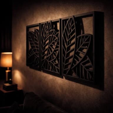Trio Quadros Decorativos Vazados Folhagem 3d Preto mdf