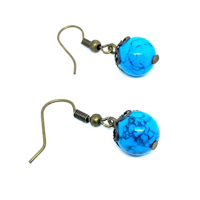 Brinco Vintage Ouro Velho Esfera Turquesa Reconstituída 10mm