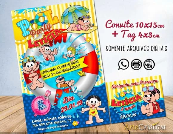 CONVITE DIGITAL C/TAG Pool Party Turma da Mônica Menina